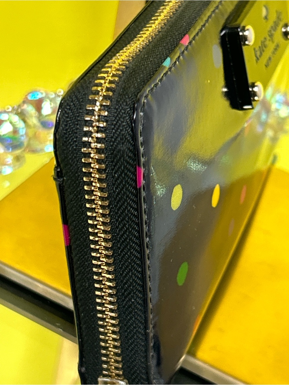 kate spade Black Patent Polka Dot Zip Wallet w/Storybook lining - Picture 4 of 11